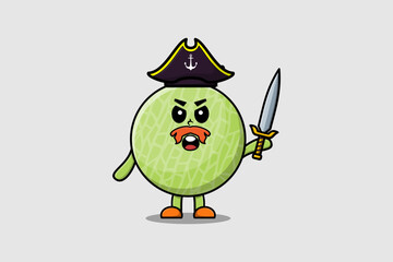 Cute cartoon mascot character Melon pirate with hat and holding sword in modern design