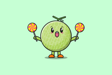 Cute cartoon Melon character holding lollipop candy in flat cartoon illustration