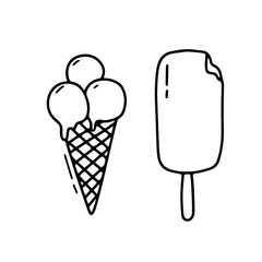 Ice cream balls in waffle cone isolated on white background. Vector doodle illustrations set. Popsicle ice cream outline icon