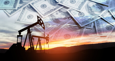 Oil price cap concept. Petroleum, petrodollar and crude oil concept. Oil pump on background of US dollars. Dollars and oil pumps