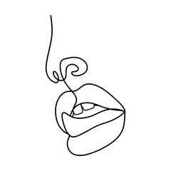 Woman lips and nose in one line drawing style. Open female mouth and licking tongue. Permanent or tattoo make up. Beauty studio logo. Linear vector Illustration in trendy minimalist style.