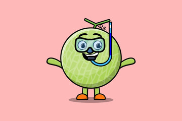 Cute cartoon Melon diver with swimming glass in flat modern style design