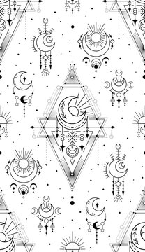 Monochrome texture with black contour occult symbols with stars and crescent on white background. Vector mystical luxury geometric pattern