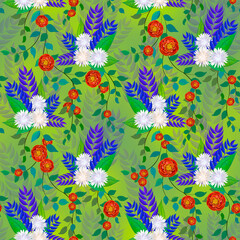 Seamless floral pattern with white chrysanthemums and blue leaves.