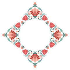 Decorative frame with folk art geometric floral mandala and place for text on white background. Vector round botanical template with flowers