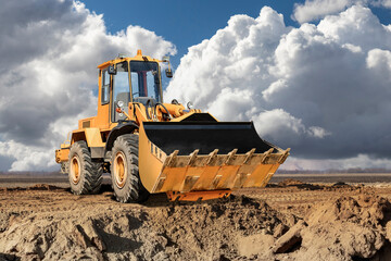 Obraz premium Bulldozer or loader against a cloudy sky. An earthmoving machine is leveling the site. Construction equipment for earthworks. Excavation of a pit for construction work.