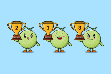 Obraz premium Set of cute cartoon Melon holding trophy with happy expression in 3d modern style design