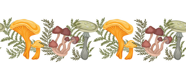 Seamless border with colorful cartoon poisonous mushrooms and fern stems isolated from background. Amanita, false mushrooms and herbals.