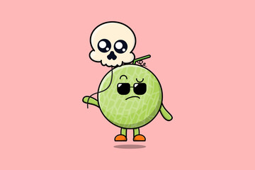 Cute cartoon Melon floating with skull balloon in flat cartoon vector icon illustration
