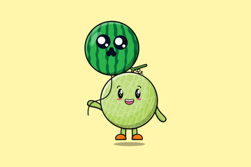 Cute cartoon Melon floating with watermelon balloon in flat cartoon vector icon illustration