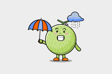 Cute cartoon Melon character in the rain and using an umbrella in flat modern style design