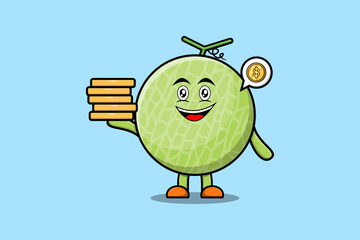 Cute cartoon Melon character holding in stacked gold coin vector illustration