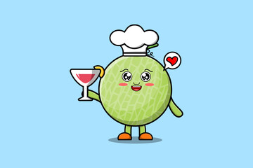 Cute cartoon Melon chef character holding wine glass flat cartoon style illustration