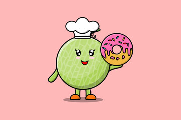 Cute cartoon Melon chef character donuts in flat cartoon style illustration