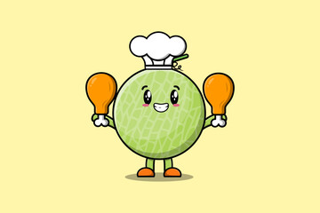 Cute cartoon Melon chef character holding two chicken thighs in flat cartoon style illustration