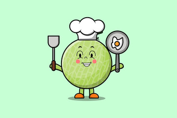 Cute cartoon Melon chef character holding pan and spatula in flat cartoon style illustration