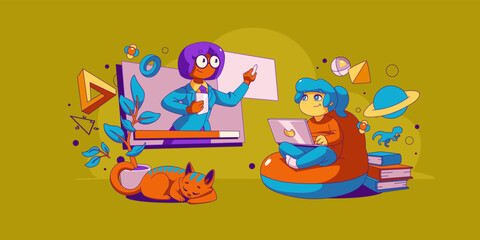 Obraz na płótnie Canvas Kid online education, virtual school concept with little child student listen lesson on computer screen with teacher explain information remotely. Home schooling linear cartoon vector illustration