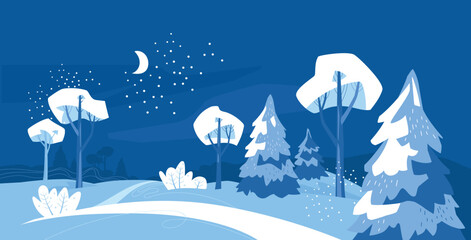 Night winter landscape. Snow forest. Christmas trees and trees in the snow. Background. Vector image.