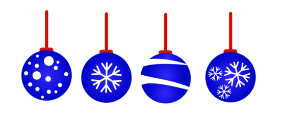 A collection of blue Christmas baubles hanging from red ribbon and bow with snowflake glitter patterns on them isolated against a transparent background