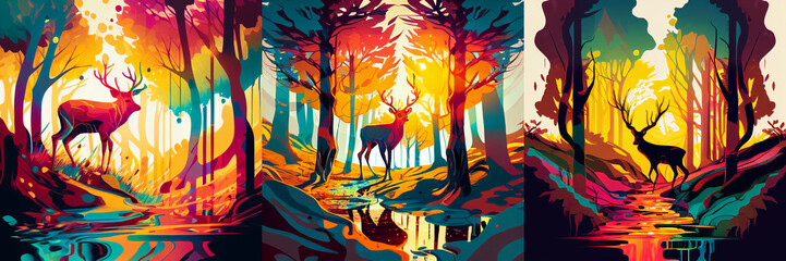 graphic style illustration of a colorful deer in sunny woods liquid oil paint