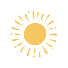 Doodle sun sketch illustration. Hand drawn cute orange sunshine. Scribble doodle children drawn style. Vector illustration