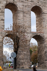 The Aqueduct of Valens. The Roman aqueduct in Istanbul. An ancient aqueduct goes across the modern highway.