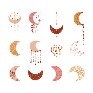 Set of hand drawn various colorful doodle moon crescents decorated with stars, stripes, cobweb, hearts, beads, dots in boho style. Isolated on white background