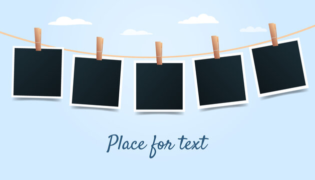 Blank set photo picture frames on blue sky background. Retro snapshots, instant photos mockup hanging on a thread. Banner with place for text. Photo template. Vector illustration