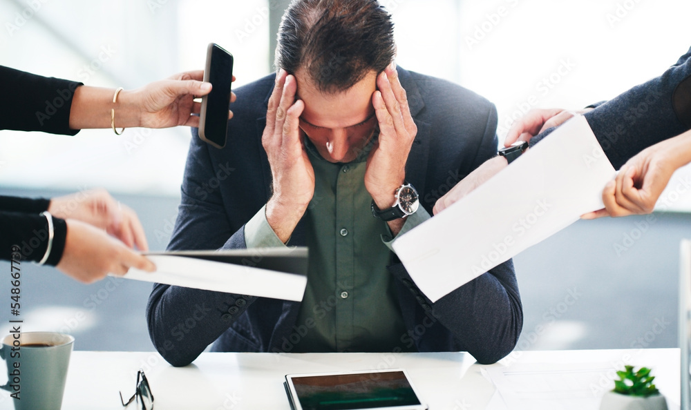 Canvas Prints Anxiety, stress or burnout of management in office at bank with schedule conflict, fail or mistake. Tired, challenge or exhausted bank manager at corporate desk overwhelmed with work overload.