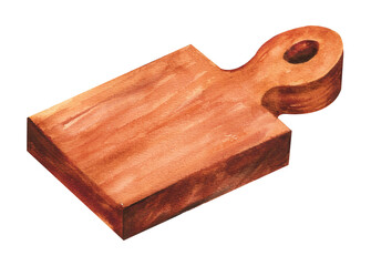 Watercolor wooden cutting board. Old handmade thick food board isolated on white background