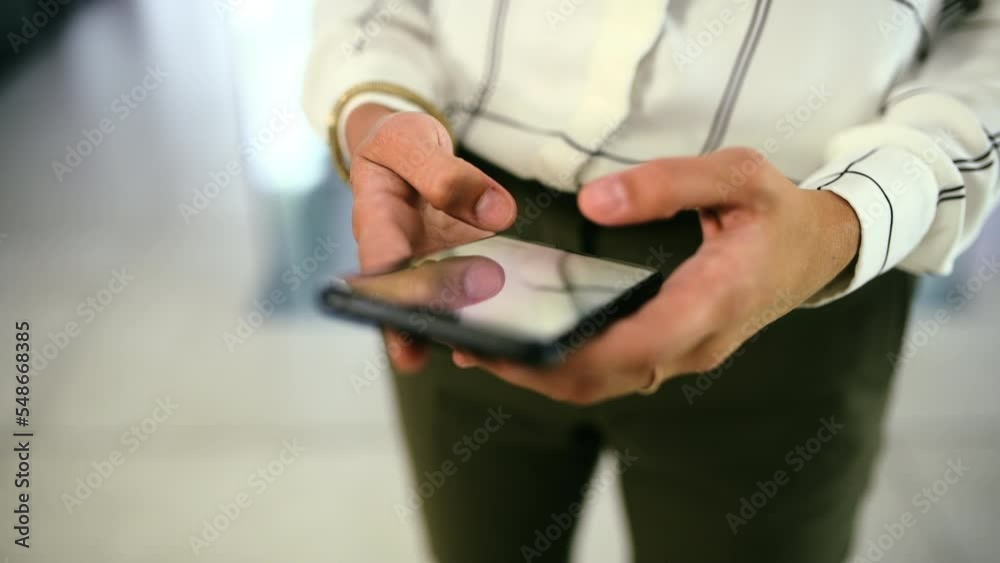 Poster person, hands and phone texting in communication, social media or chatting at the workplace. hand of