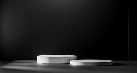 3D Black geometric stage podium. Dark background.