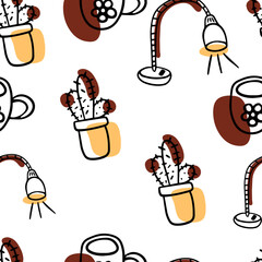 Seamless pattern Doodle lamp and cactus