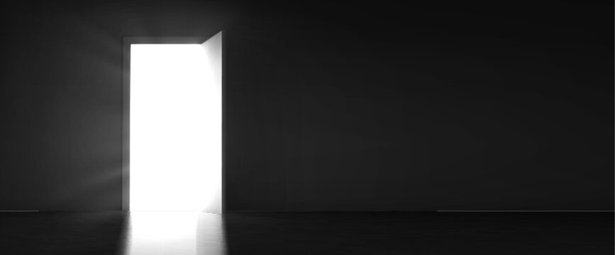 Open door with light glow, discovery, opportunity, exit concept with white sunlight shine from doorway in dark room with rays or mysterious radiance inviting to enter, Realistic 3d vector illustration