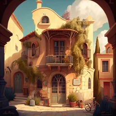 Foto op Canvas Beautiful illustration of medieval street in cartoon style. Generated by Ai © Cheport