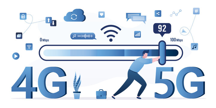 User speeds up wireless internet. Switching from 4g to 5g technology. Technician worker move slider on measuring scale. Wi-fi signal quality improvements, optimization.