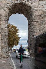 The Aqueduct of Valens. The Roman aqueduct in Istanbul. An ancient aqueduct goes across the modern highway.