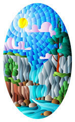 Illustration in stained glass style landscape ,the tree on the background of a waterfall, mountains, sun and sky, oval image