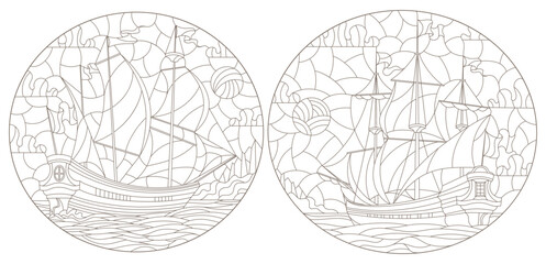 A set of contour illustrations of stained glass Windows with old sailing ships, dark contours on a white background