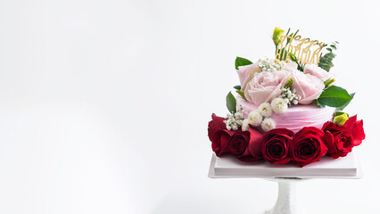 bouquet of pink roses birthday cake with candles food anniversary concept cover banner background.	
