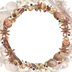 Spices Watercolor. Set. Illustration for clipart. Designed for menus, culinary blogs, packaging, textiles, web design, sites, stickers, invitations, patterns, logos. Drawn by hand.