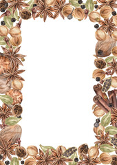 Spices Watercolor. Set. Illustration for clipart. Designed for menus, culinary blogs, packaging, textiles, web design, sites, stickers, invitations, patterns, logos. Drawn by hand.