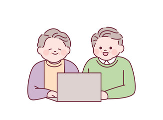 Grandfather and grandmother are learning computer. outline simple vector illustration.