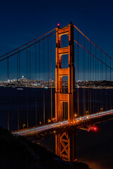 Golden Gate vertical view with San Francisco skyline and car light trails