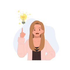 woman thinking about idea, solution or strategy planning,solve problem concept, cheerful woman got new idea lightbulb in her hand. Flat vector illustration.