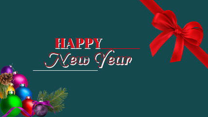 Fototapeta na wymiar Happy new year message with christmas ornaments, balls, red ribbon, pines on green background, templates