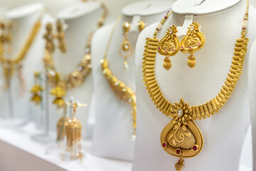 Golden jewelry at traditional Emirati market in Dubai