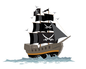 Historical Pirate ship on the sea under black sails and a pirate flag