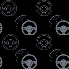 Steering wheel and speedometer of a racing car on a black background. Seamless texture. 