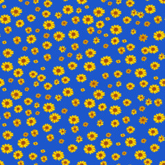 Fototapeta na wymiar Cute floral pattern in the form of a small flower. Seamless vector texture. Print with small yellow flowers on a blue background.